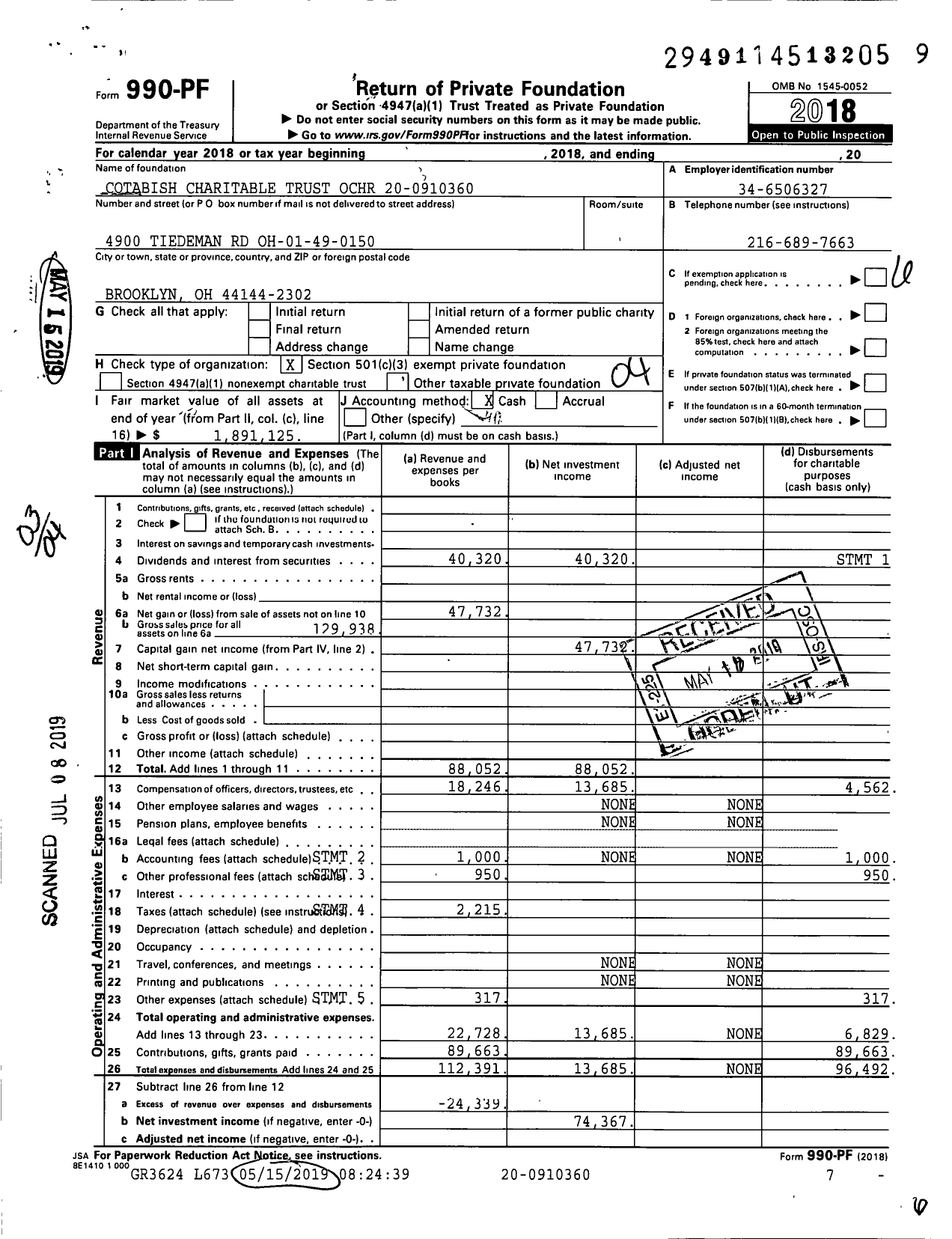 Image of first page of 2018 Form 990PF for Cotabish Charitable Trust Ochr