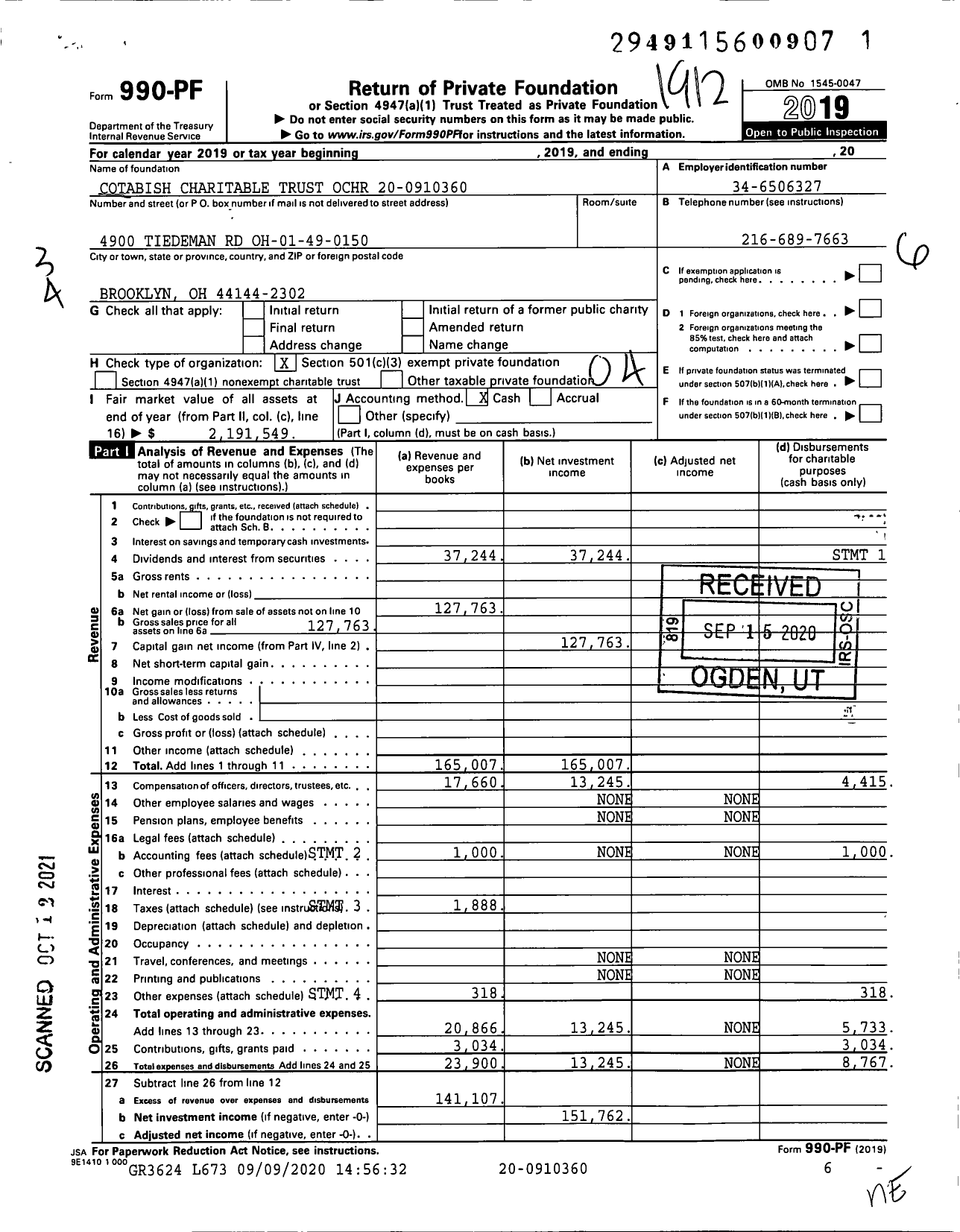 Image of first page of 2019 Form 990PF for Cotabish Charitable Trust Ochr