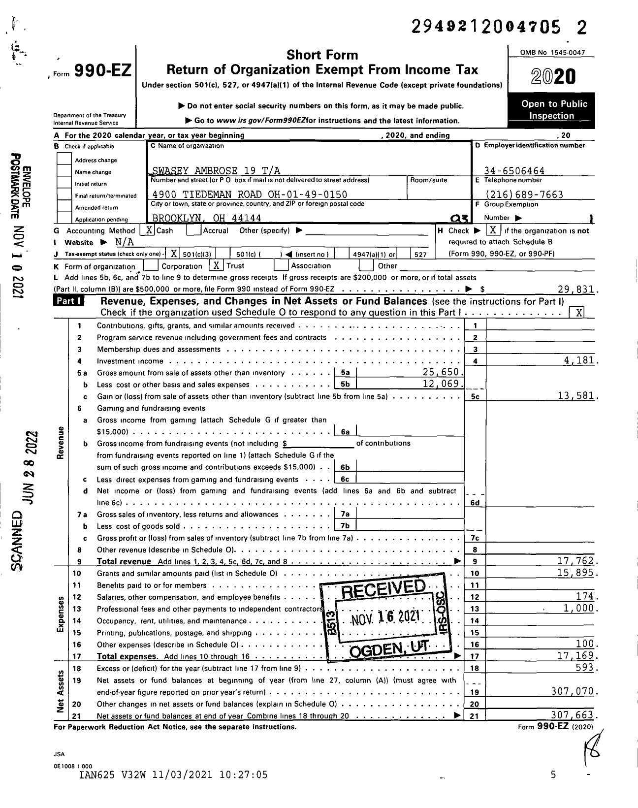 Image of first page of 2020 Form 990EZ for Swasey Ambrose 19 Ta