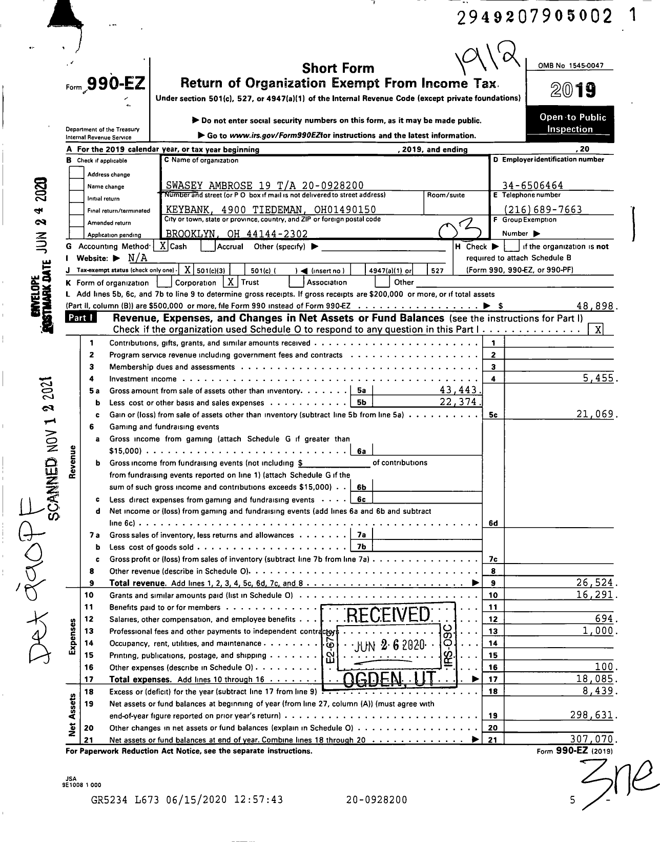 Image of first page of 2019 Form 990EZ for Swasey Ambrose 19 Ta