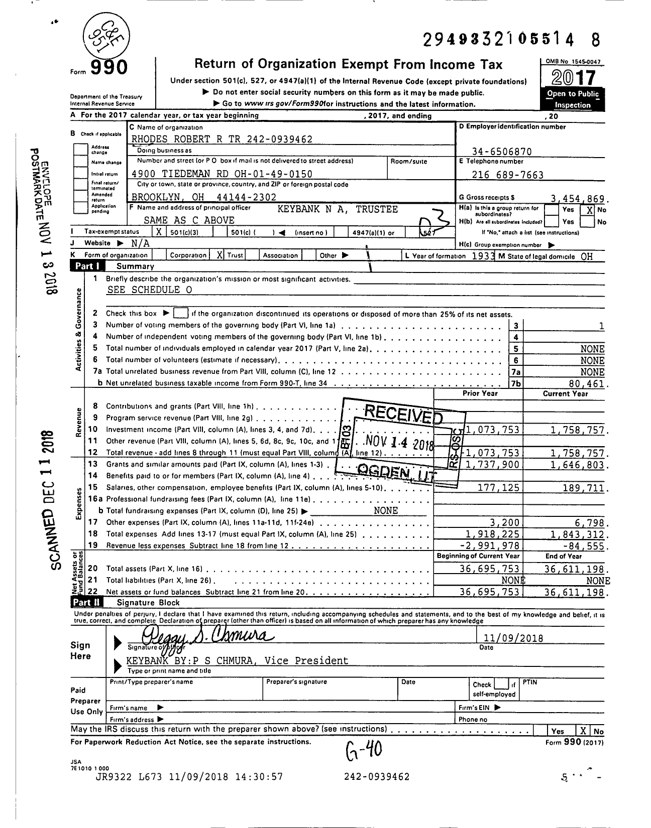 Image of first page of 2017 Form 990 for Rhodes Robert R Trust