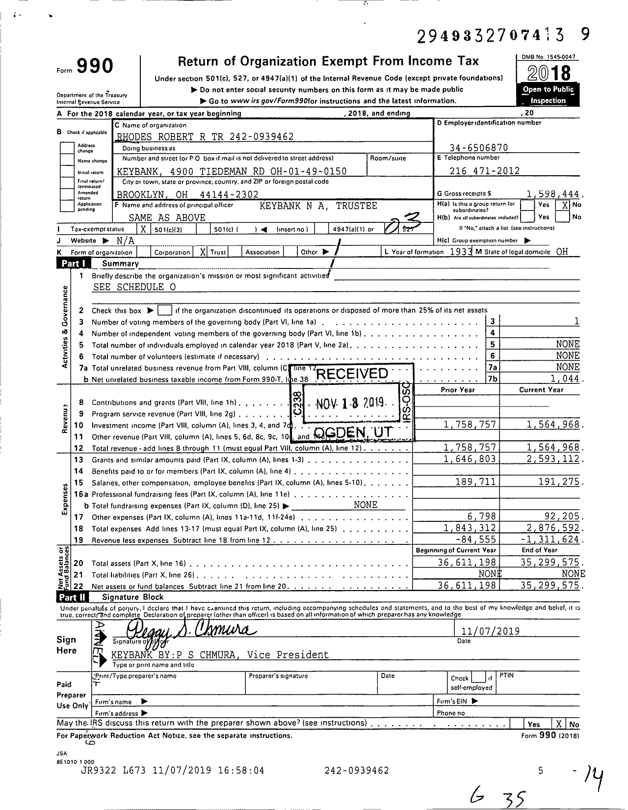 Image of first page of 2018 Form 990 for Rhodes Robert R Trust