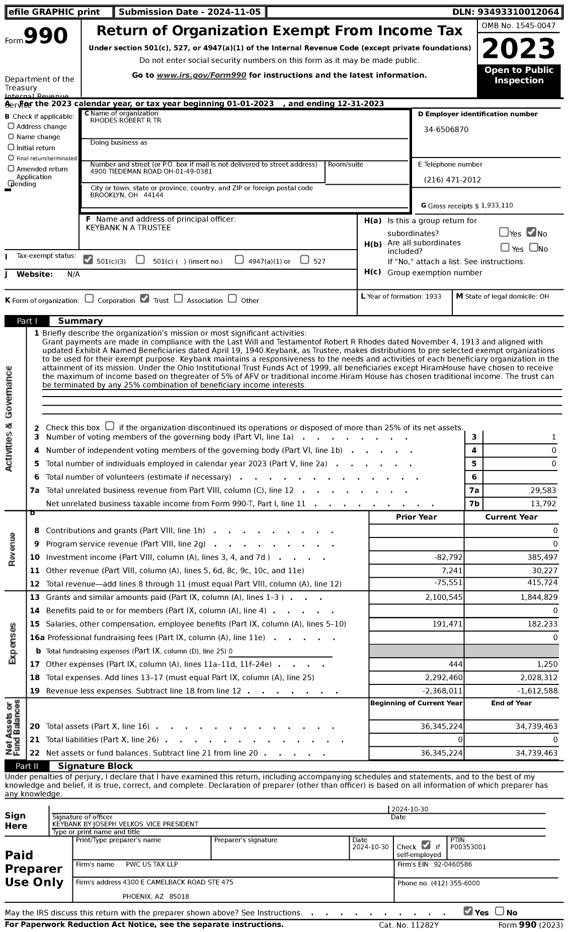 Image of first page of 2023 Form 990 for Rhodes Robert R Trust