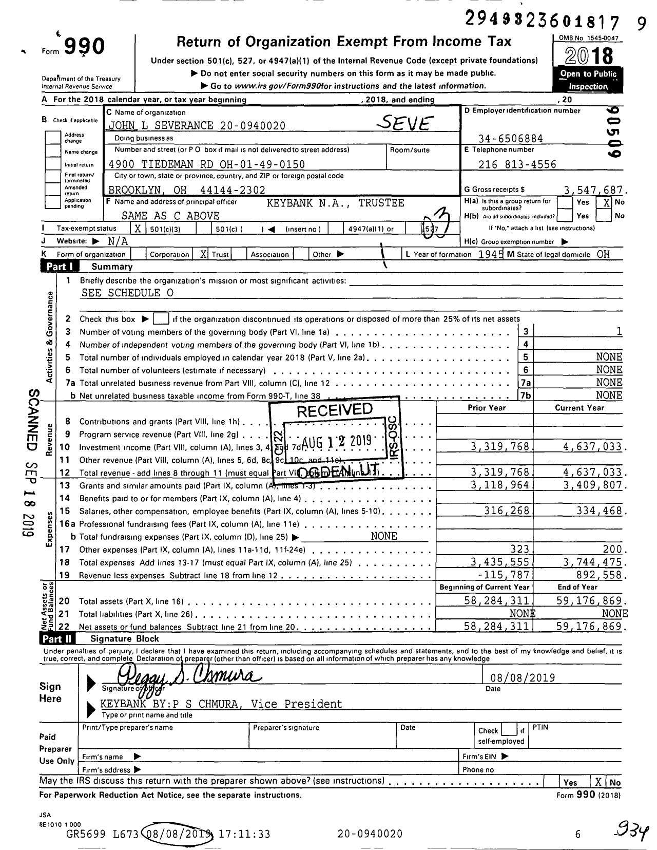 Image of first page of 2018 Form 990 for John L Severance