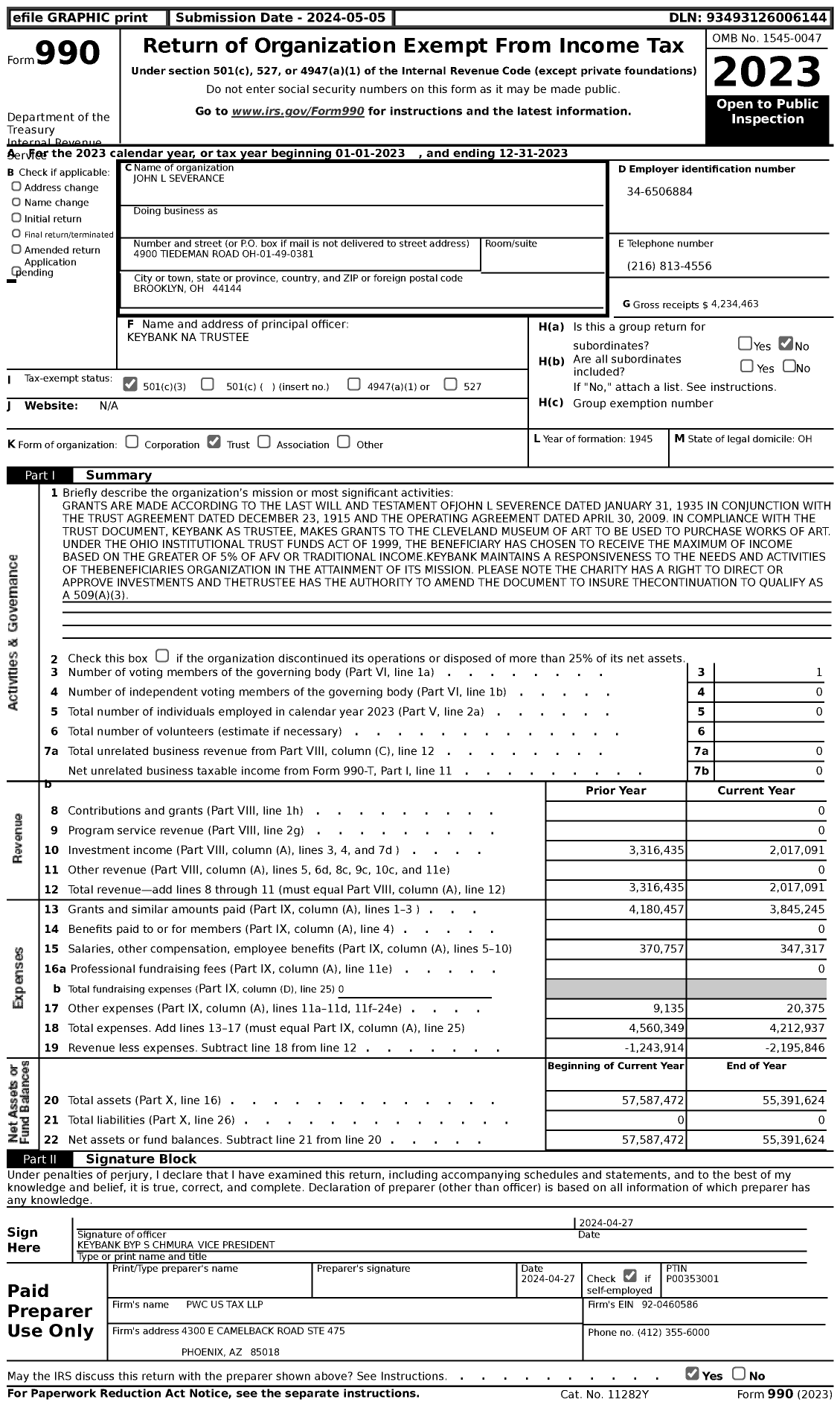 Image of first page of 2023 Form 990 for John L Severance