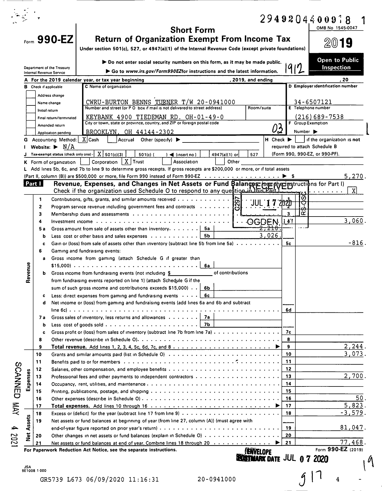 Image of first page of 2019 Form 990EZ for Cwru-Burton Benns Turner TW