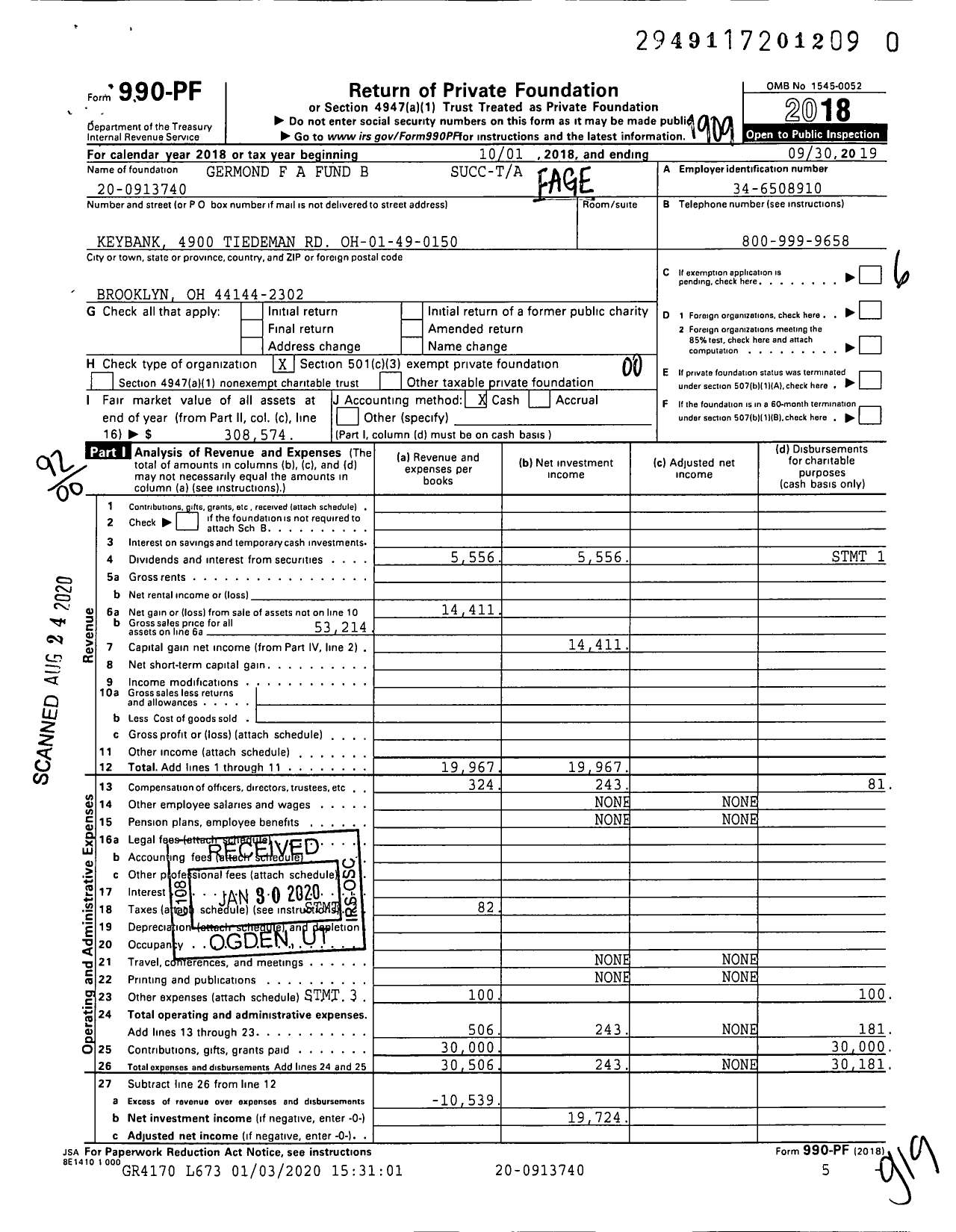 Image of first page of 2018 Form 990PR for F A Germond TR Fund B