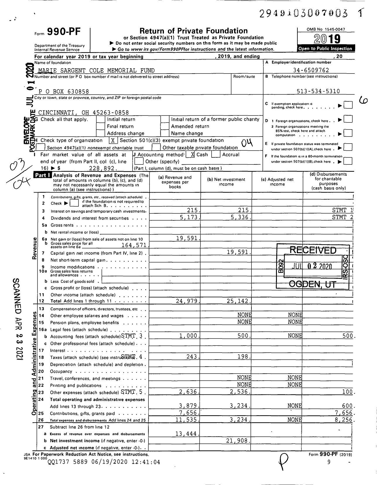 Image of first page of 2019 Form 990PF for Marie Sargent Cole Memorial Fund