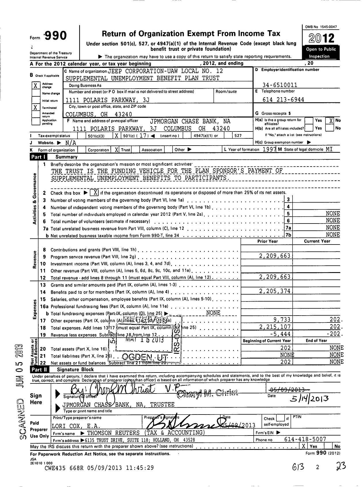 Image of first page of 2012 Form 990O for Jeep Corporation - Uaw Local No 12 Supplemental Unemployment Benefit Plan Trust