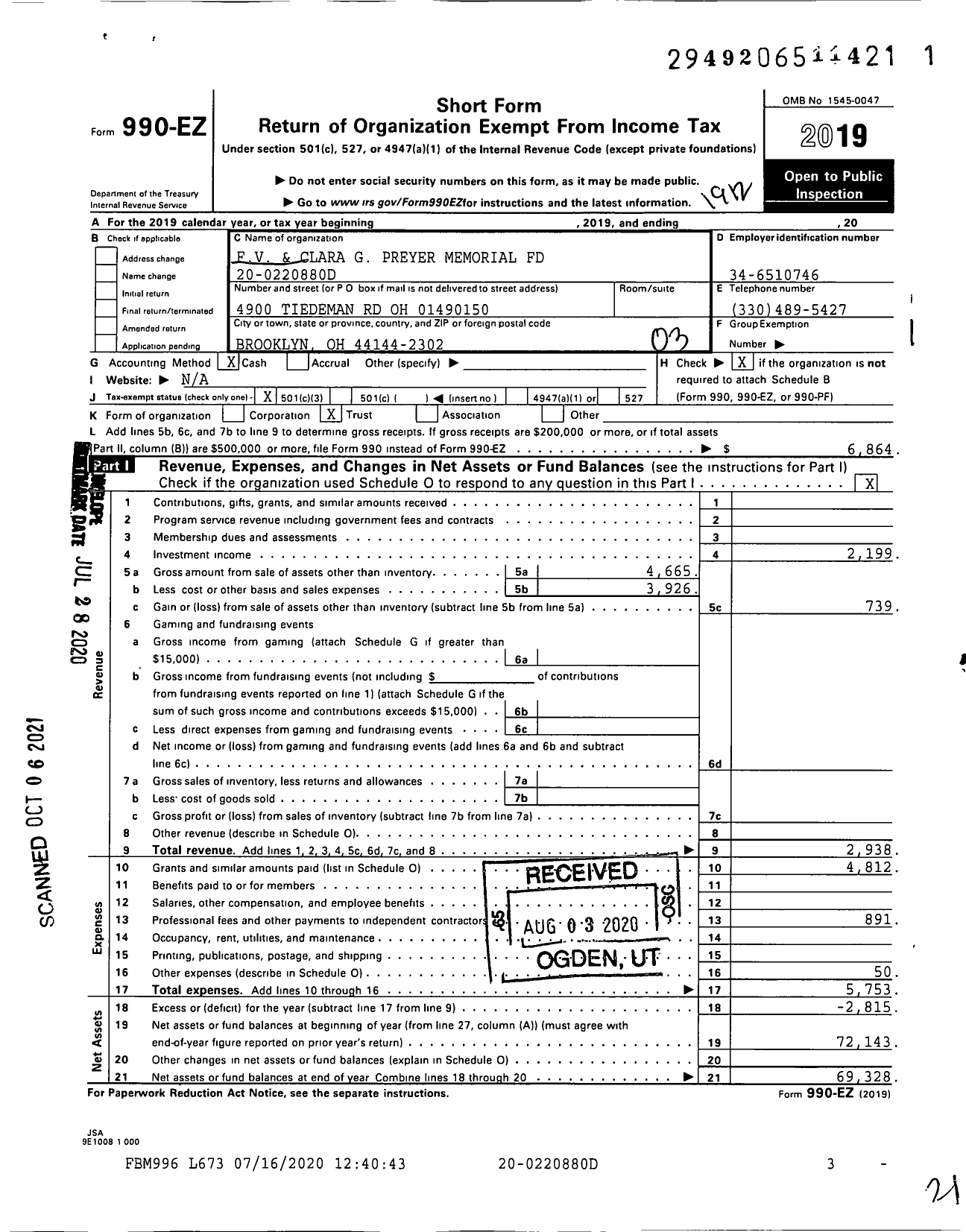 Image of first page of 2019 Form 990EZ for FV and Clara G Preyer Memorial Fund