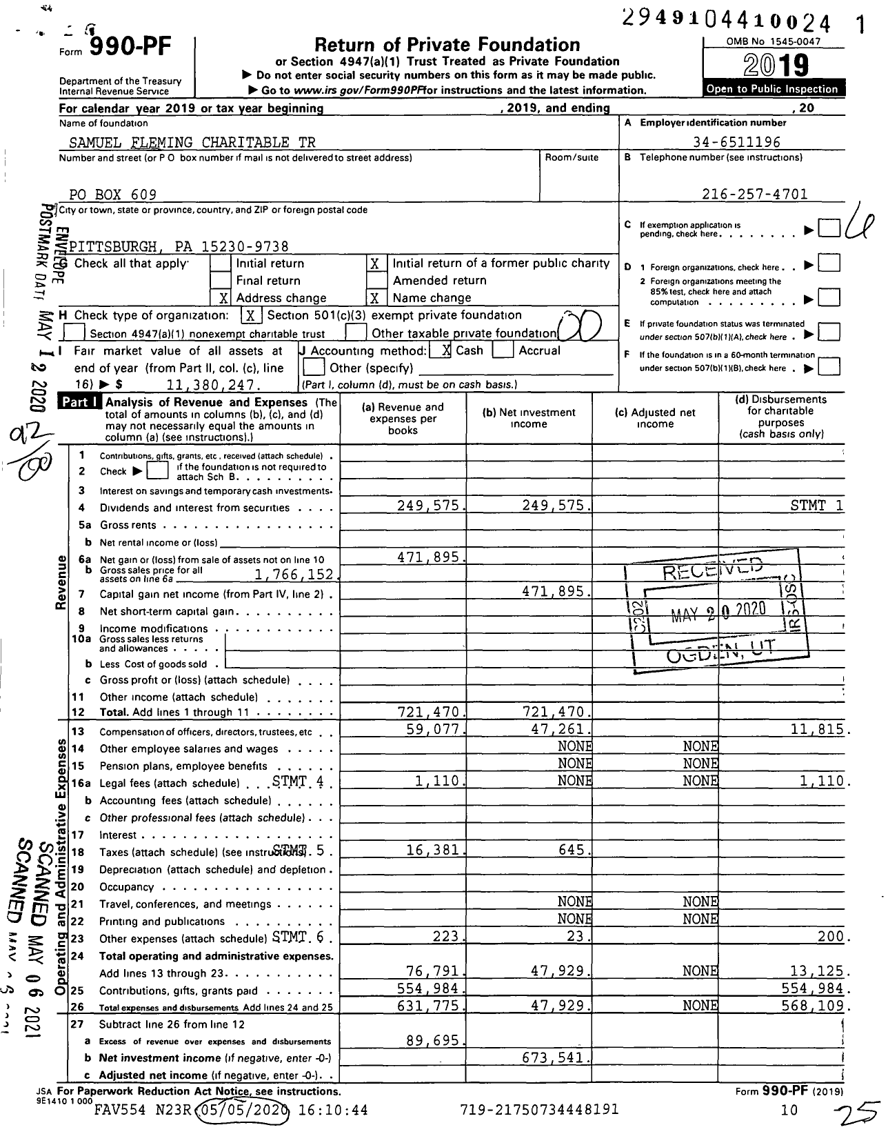 Image of first page of 2019 Form 990PF for Samuel Fleming Charitable Trust