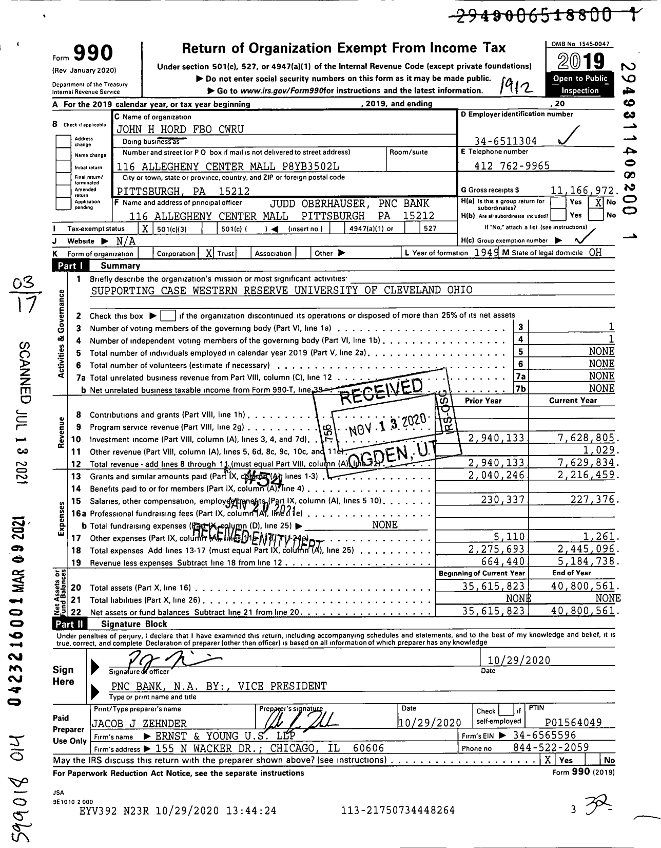 Image of first page of 2019 Form 990 for John H Hord Fbo Cwru