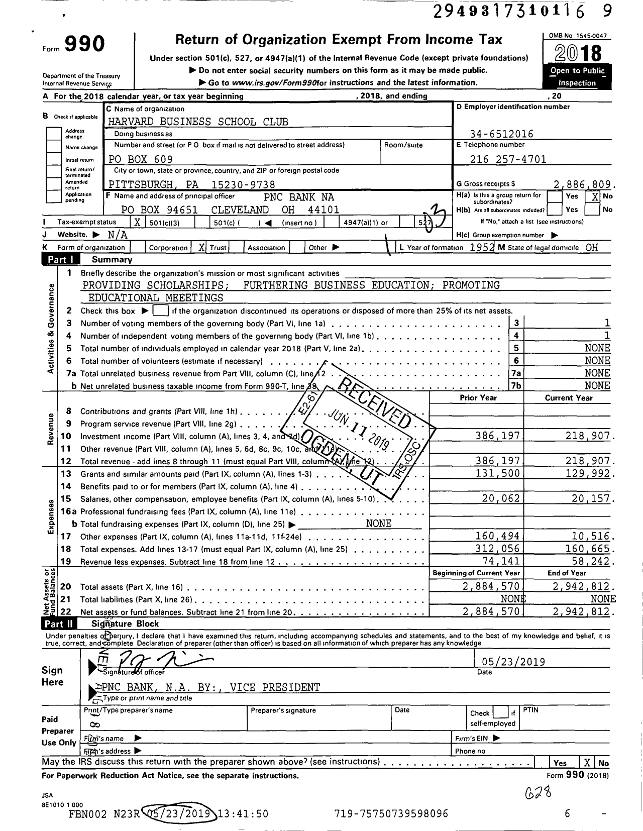 Image of first page of 2018 Form 990 for Harvard Business School Club of Cleveland