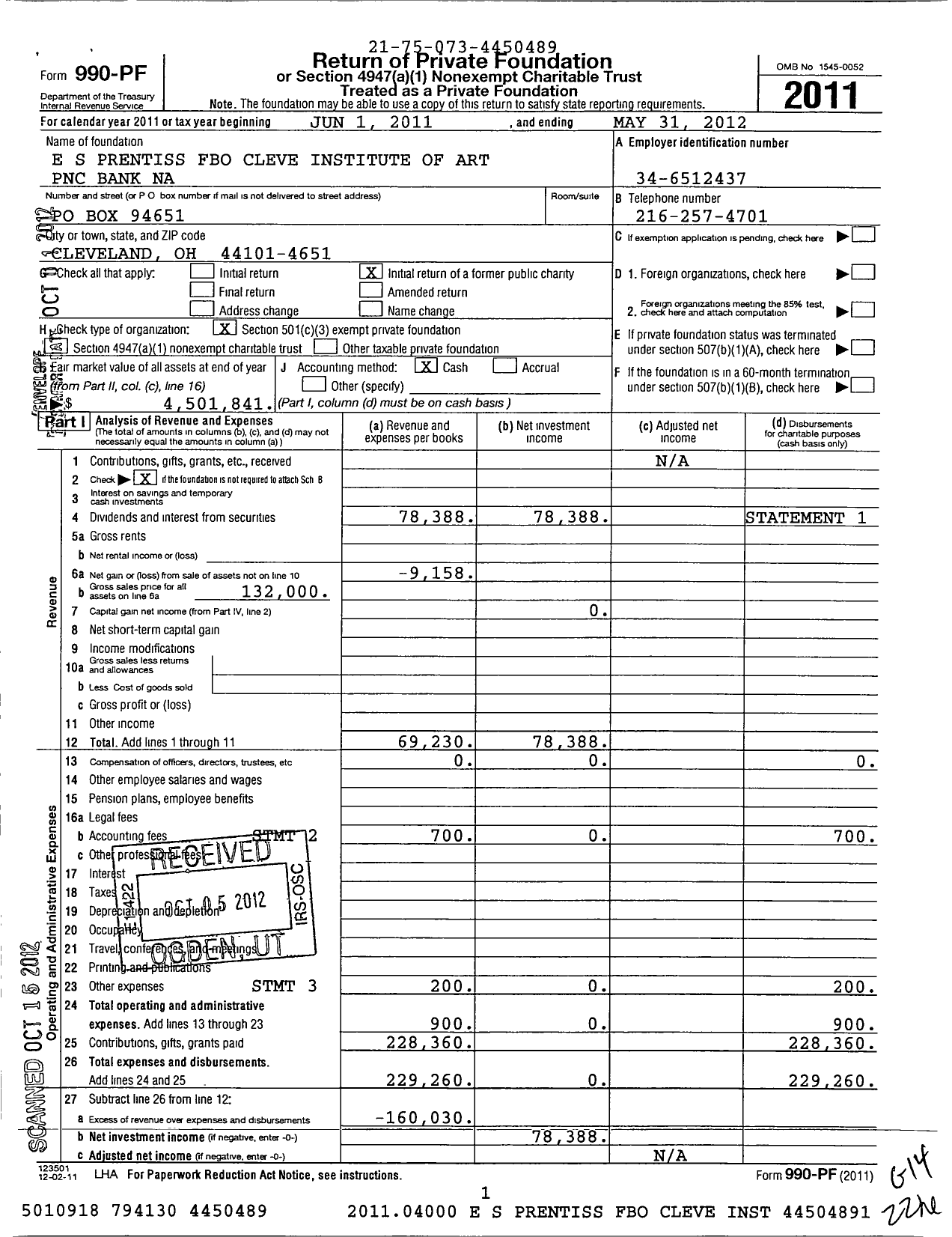 Image of first page of 2011 Form 990PF for E S Prentiss FB Clev Ins of Art