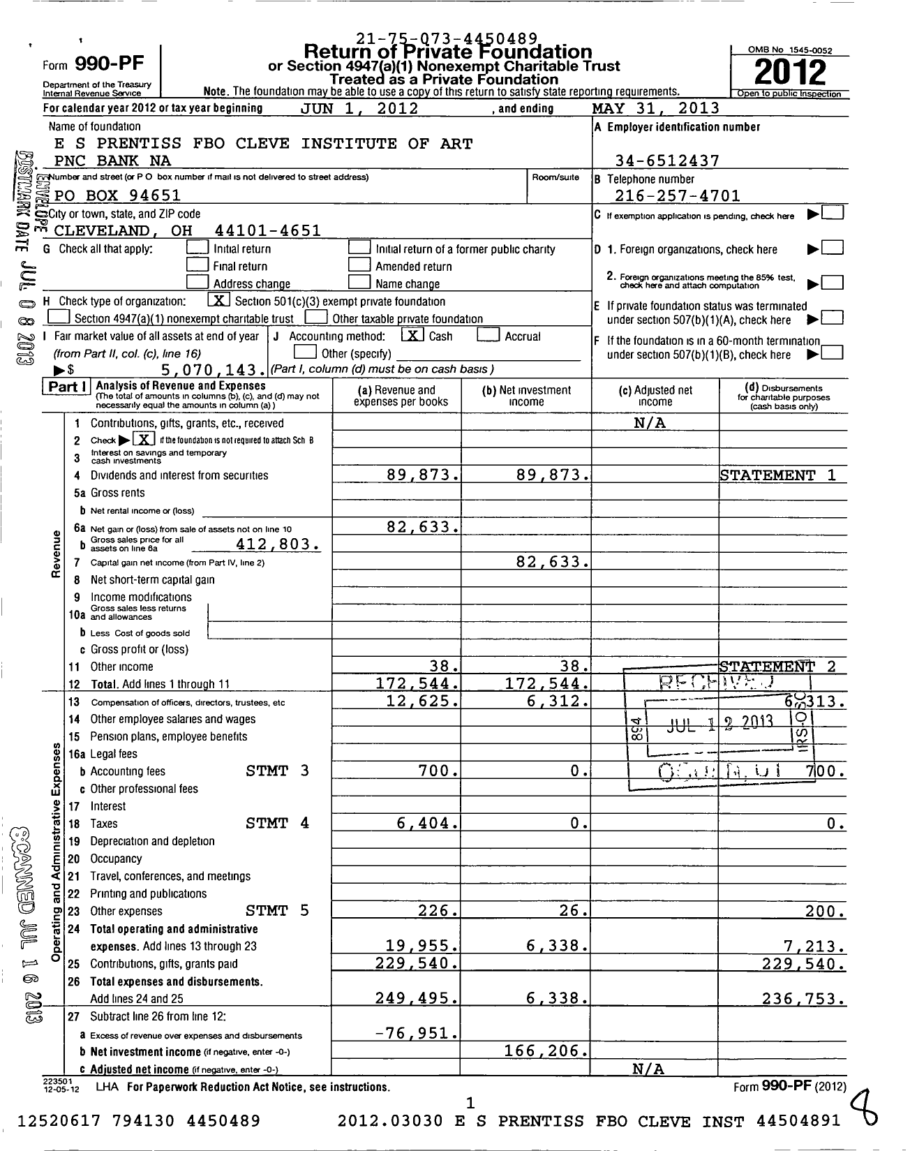 Image of first page of 2012 Form 990PF for E S Prentiss FB Clev Ins of Art