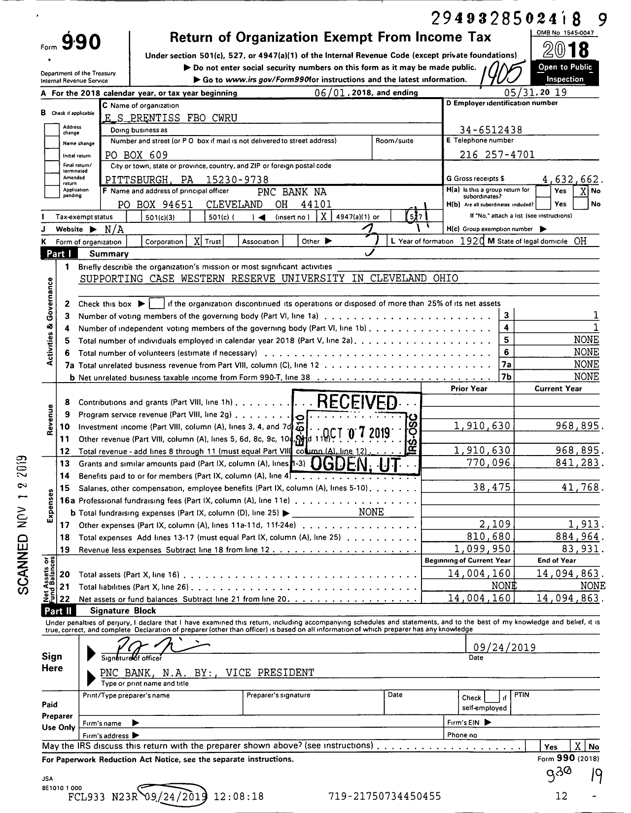 Image of first page of 2018 Form 990O for E S Prentiss Fbo Cwru