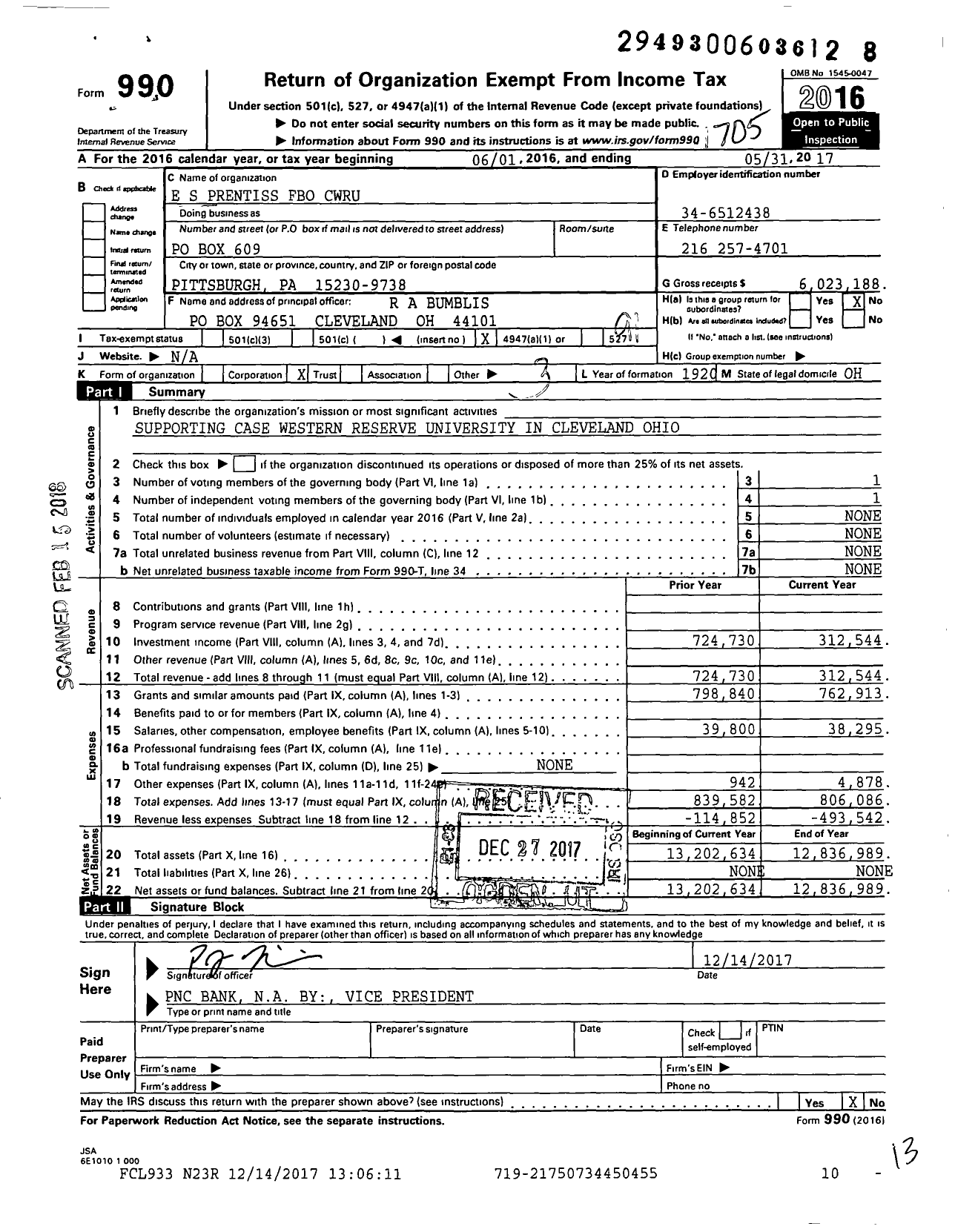 Image of first page of 2016 Form 990O for E S Prentiss Fbo Cwru