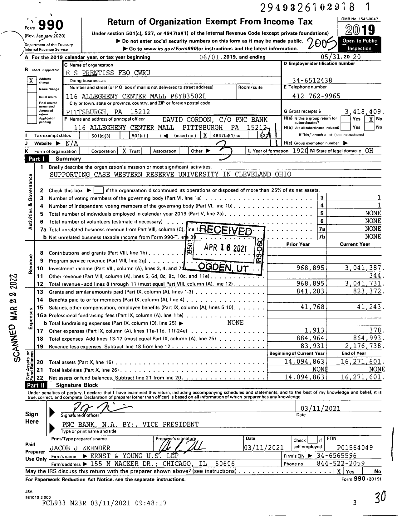 Image of first page of 2019 Form 990O for E S Prentiss Fbo Cwru