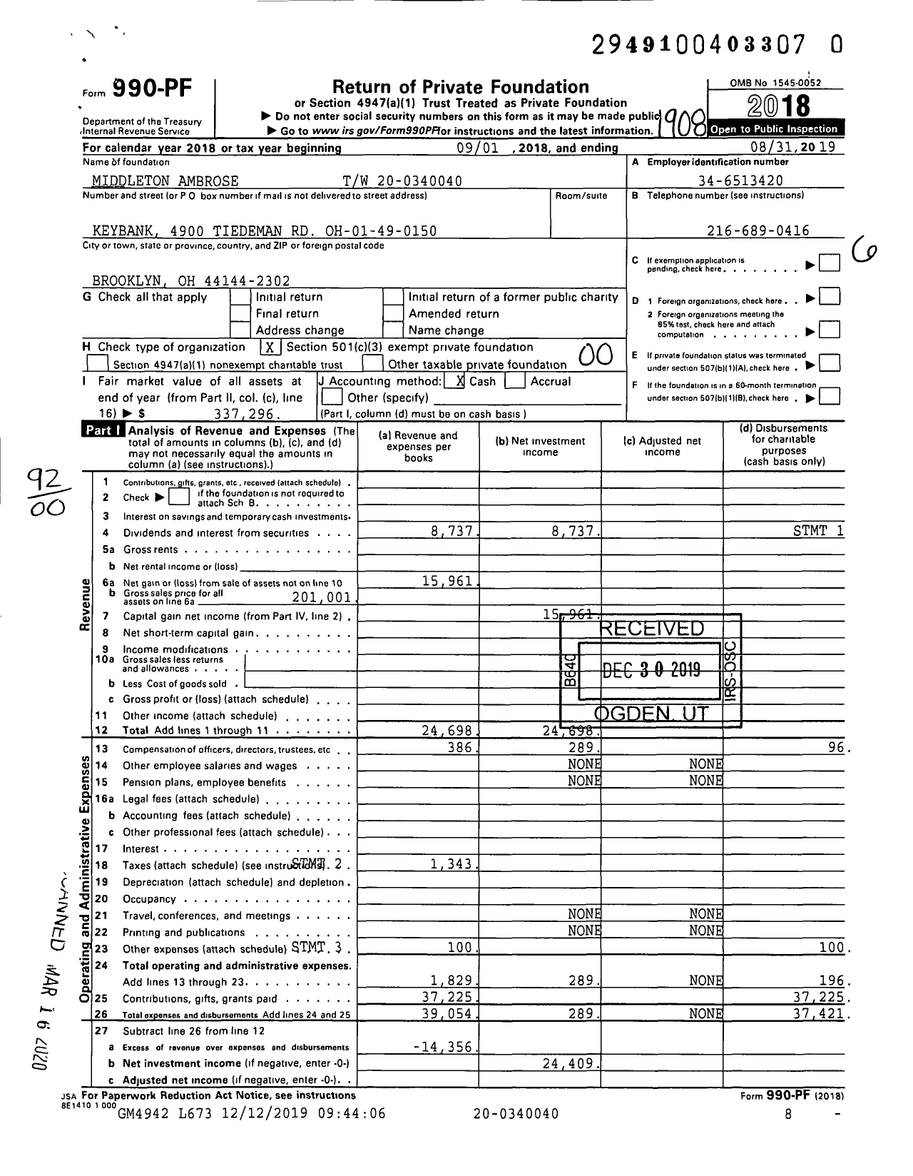 Image of first page of 2018 Form 990PR for Middleton Ambrose TW