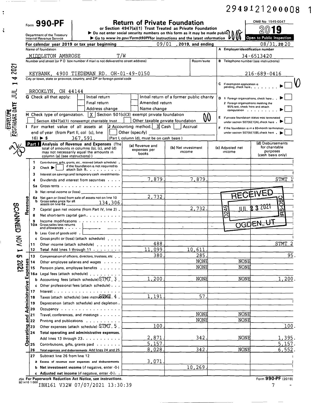 Image of first page of 2019 Form 990PF for Middleton Ambrose TW