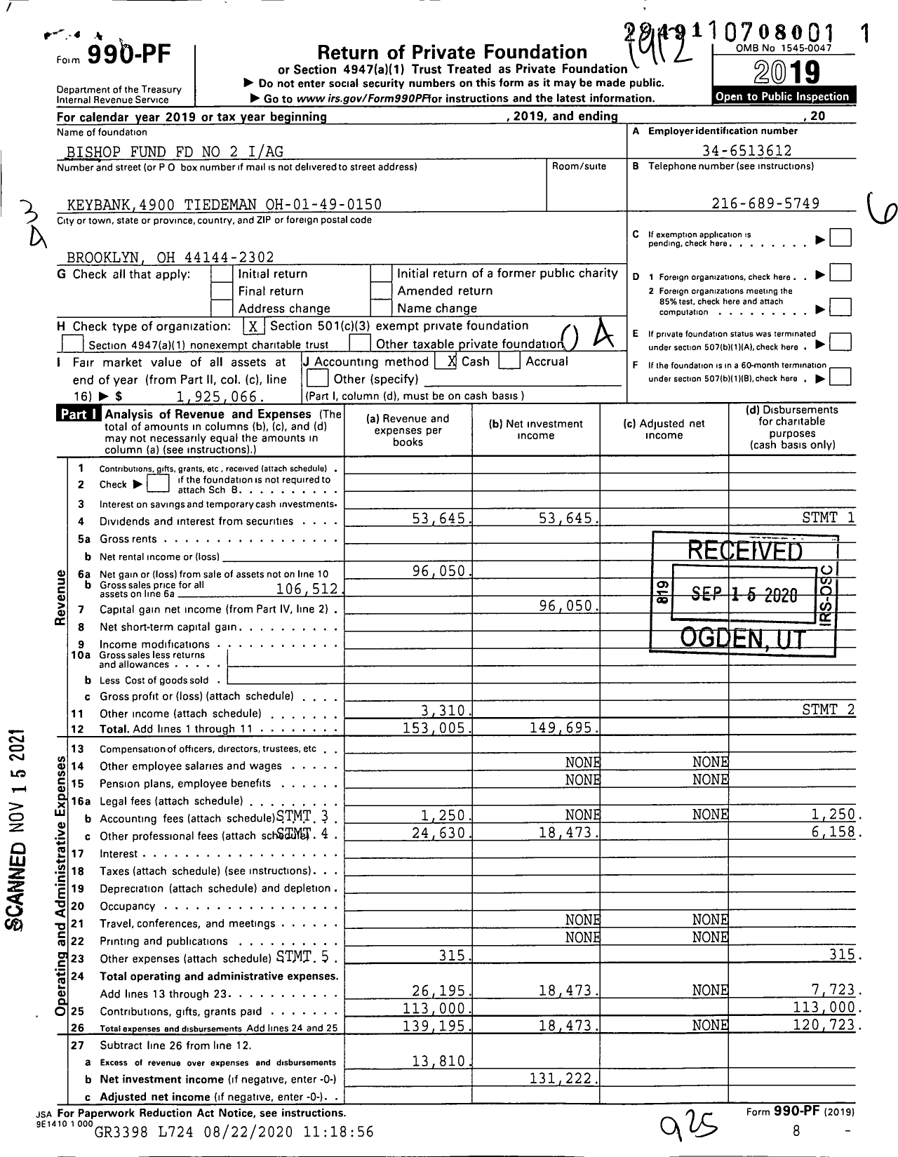 Image of first page of 2019 Form 990PF for BISHOP FUND fd no 2