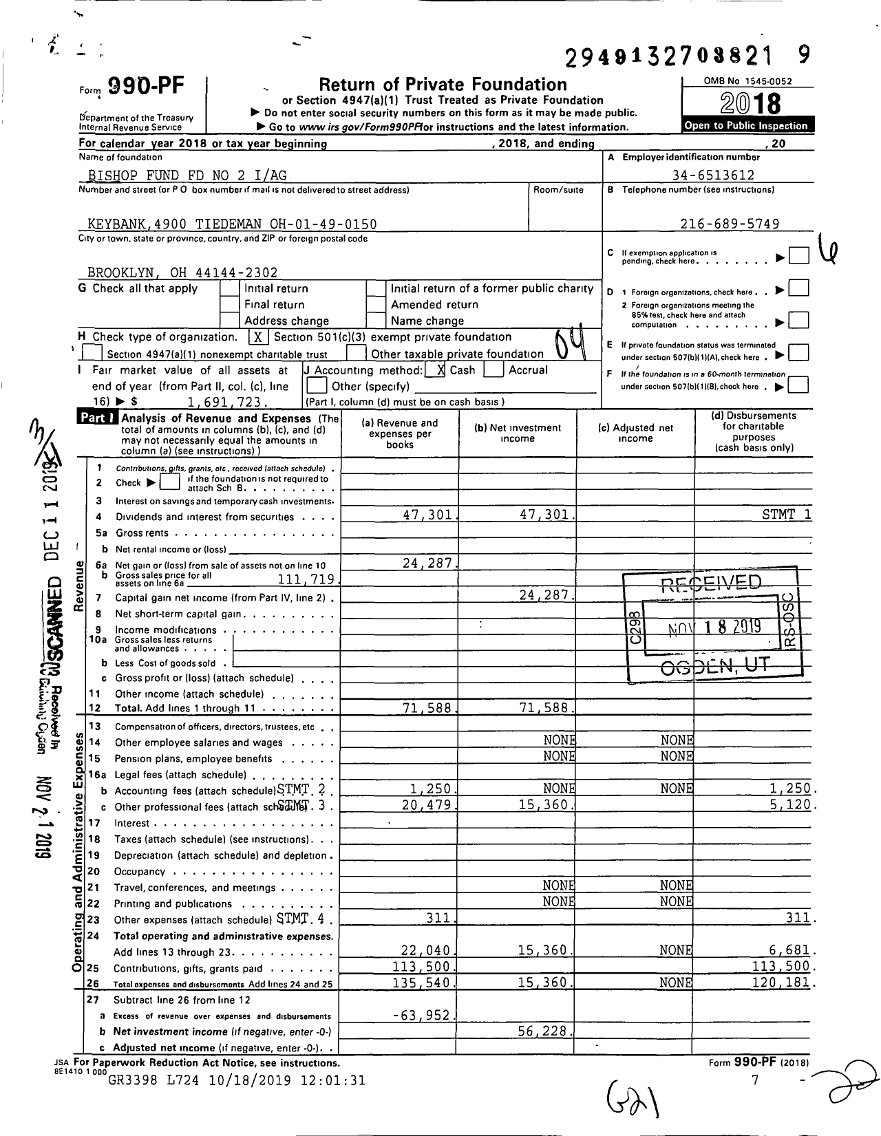 Image of first page of 2018 Form 990PF for BISHOP FUND fd no 2