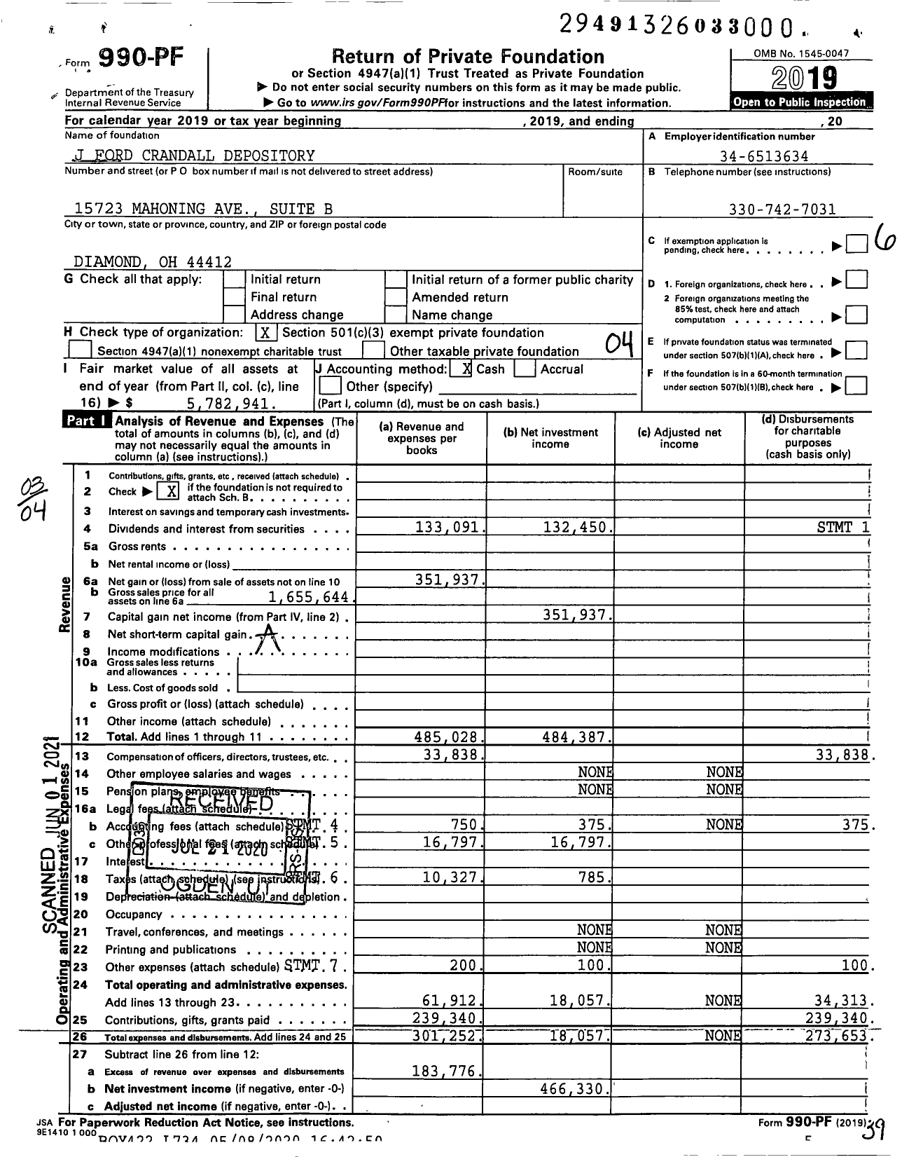 Image of first page of 2019 Form 990PF for J Ford Crandall Depository