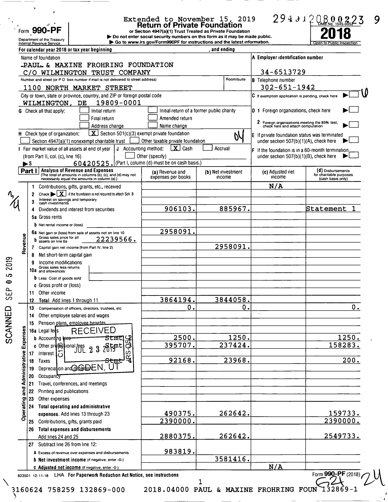 Image of first page of 2018 Form 990PF for Frohring Foundation