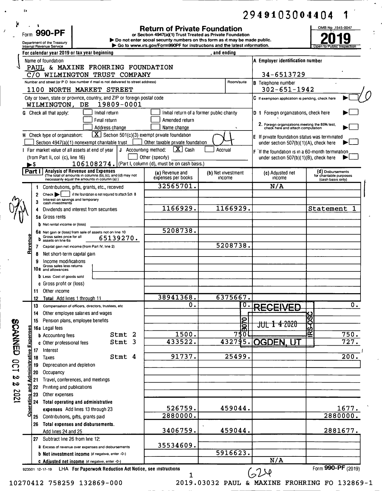 Image of first page of 2019 Form 990PF for Frohring Foundation
