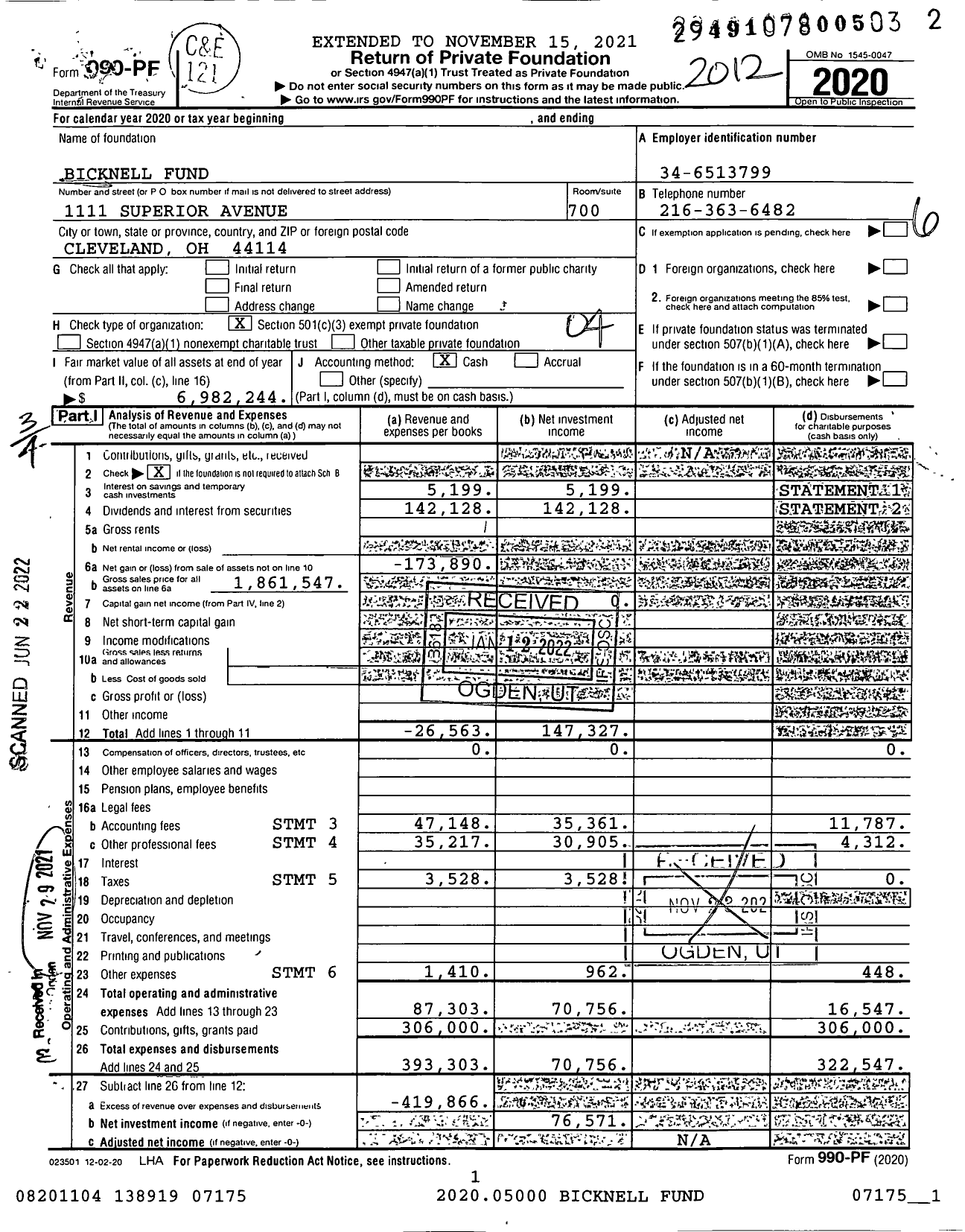 Image of first page of 2020 Form 990PF for Bicknell Fund