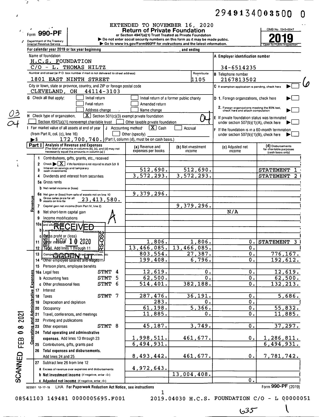 Image of first page of 2019 Form 990PF for HCS Foundation