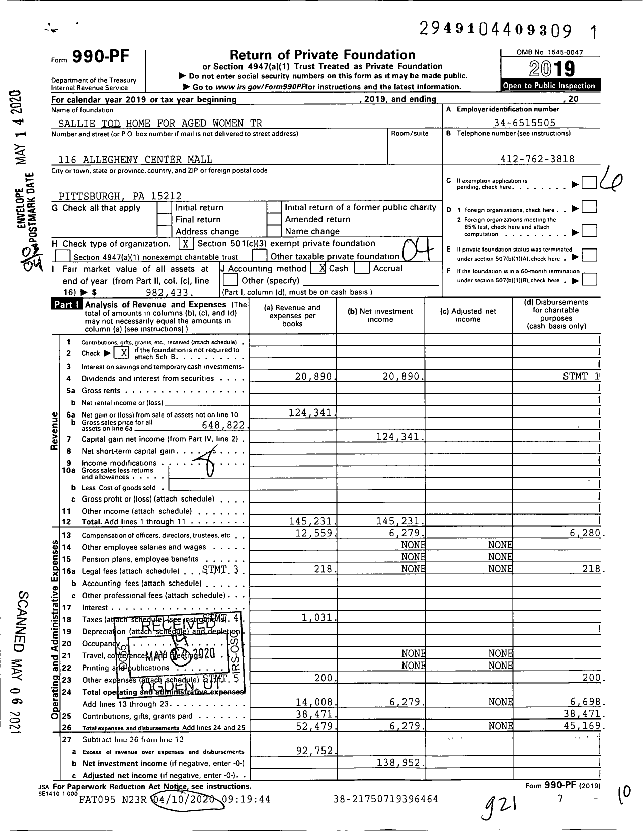 Image of first page of 2019 Form 990PF for Sallie Tod Home for Aged Women Trust