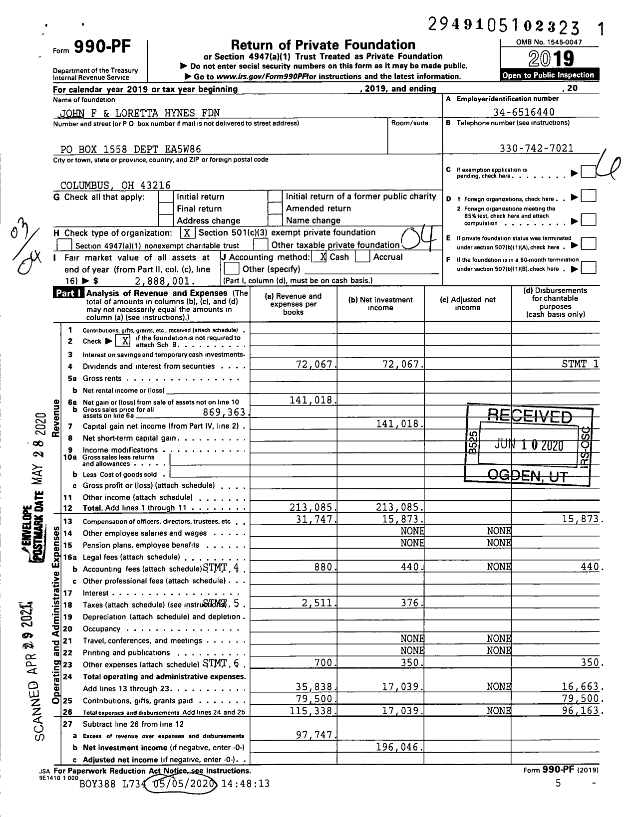 Image of first page of 2019 Form 990PF for John F and Loretta Hynes Foundation