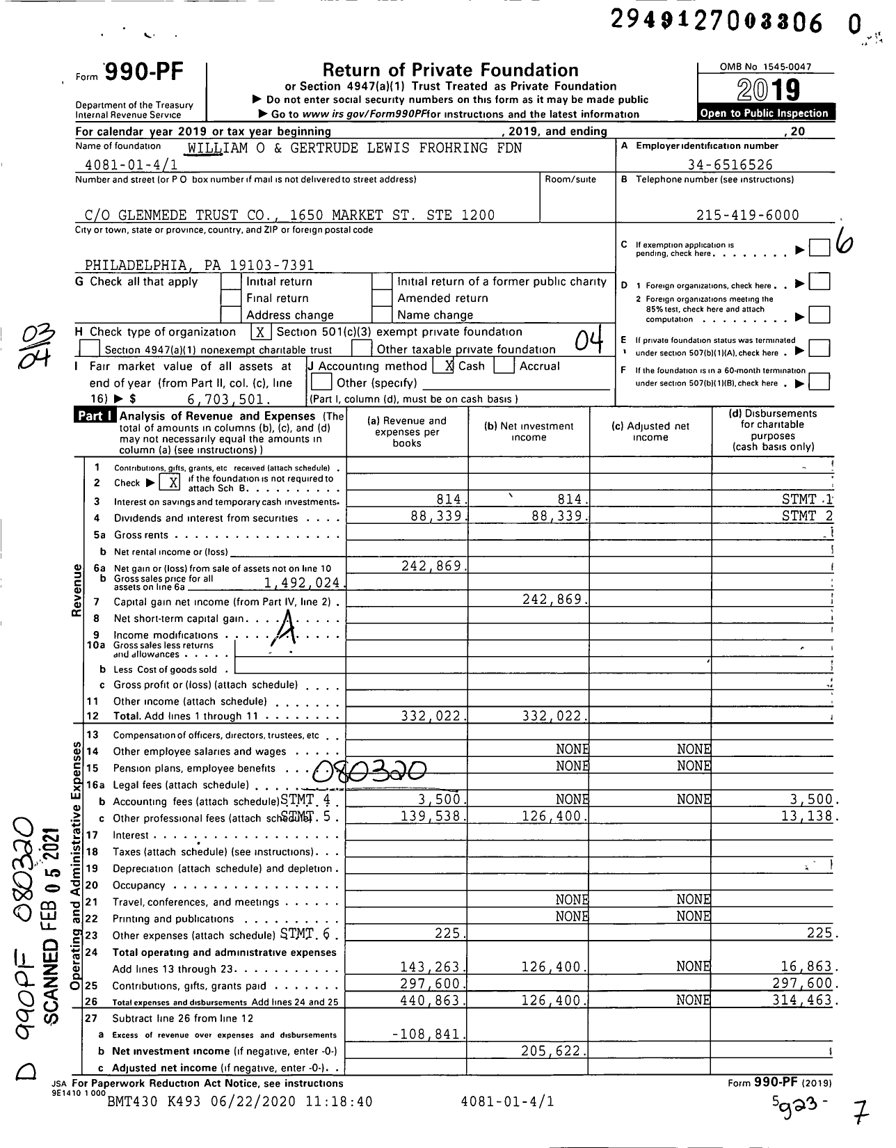 Image of first page of 2019 Form 990PF for William O and Gertrude Lewis Frohring Foundation Im