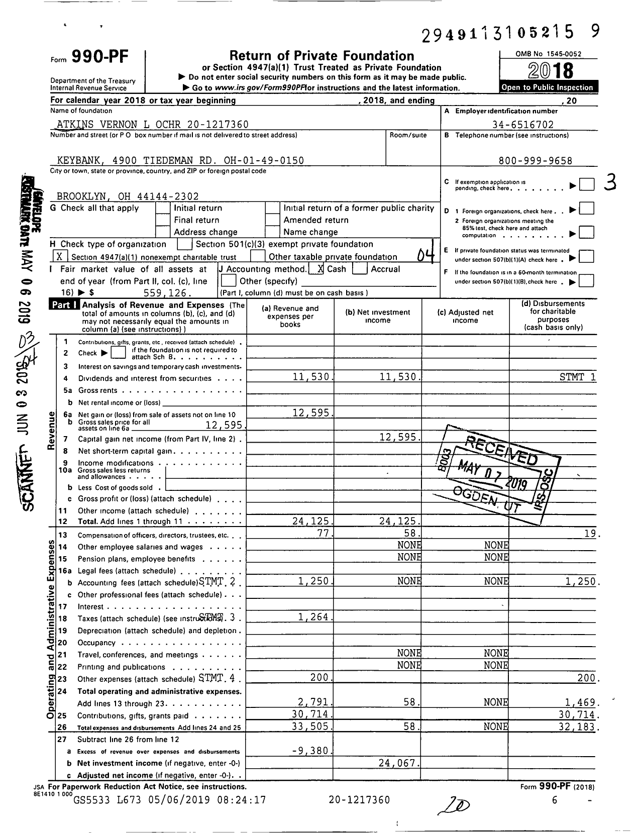 Image of first page of 2018 Form 990PF for Atkins Vernon L Ochr