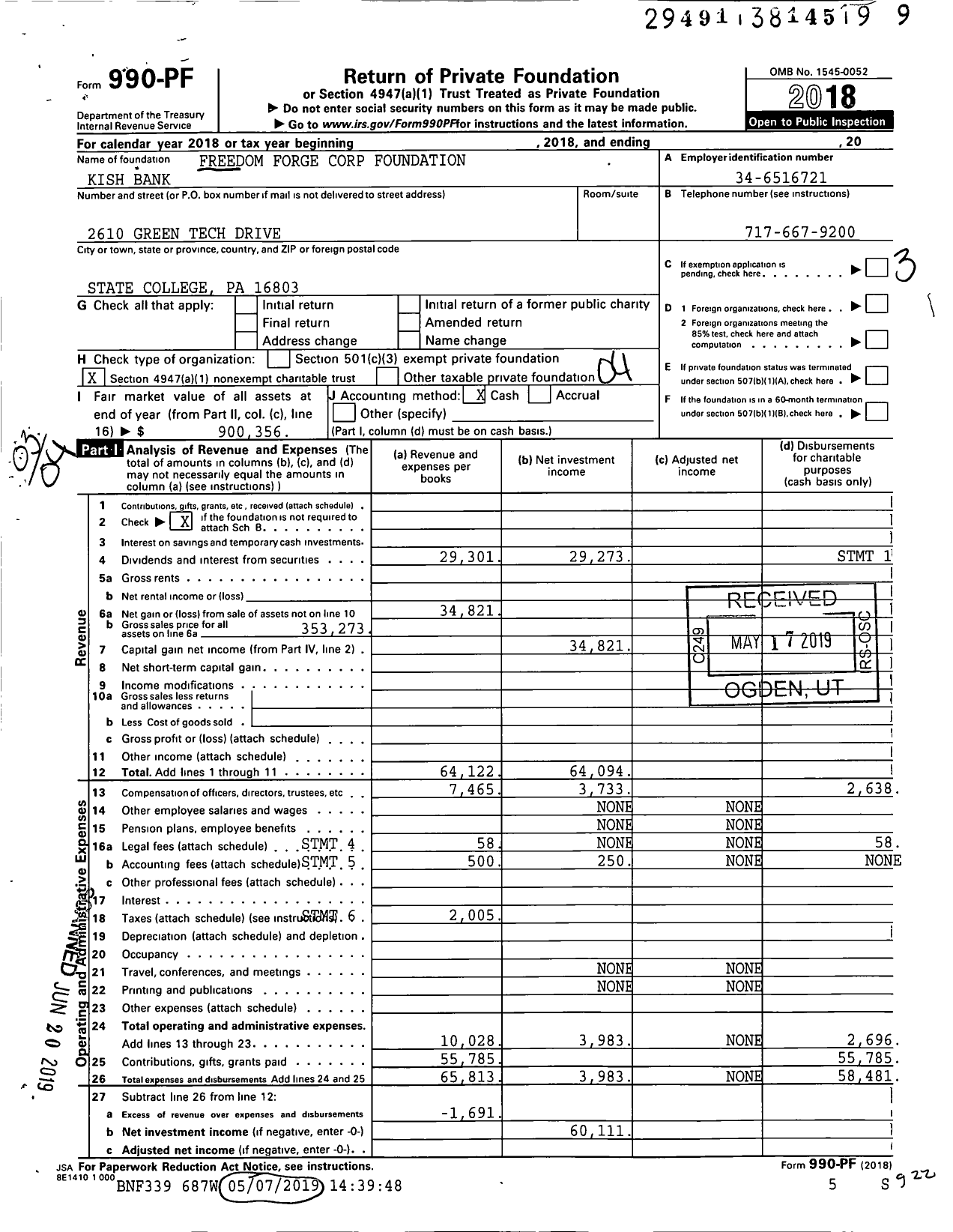 Image of first page of 2018 Form 990PF for Freedom Forge Corp Foundation Kish Bank