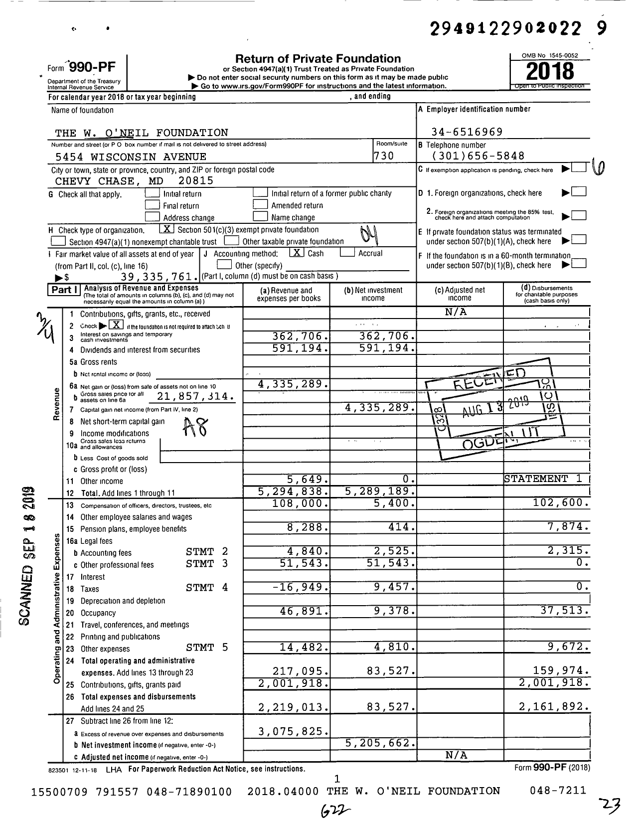 Image of first page of 2018 Form 990PF for W. O'neil Foundation