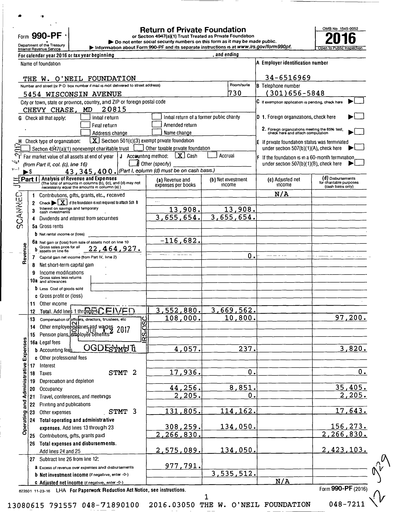 Image of first page of 2016 Form 990PF for W. O'neil Foundation