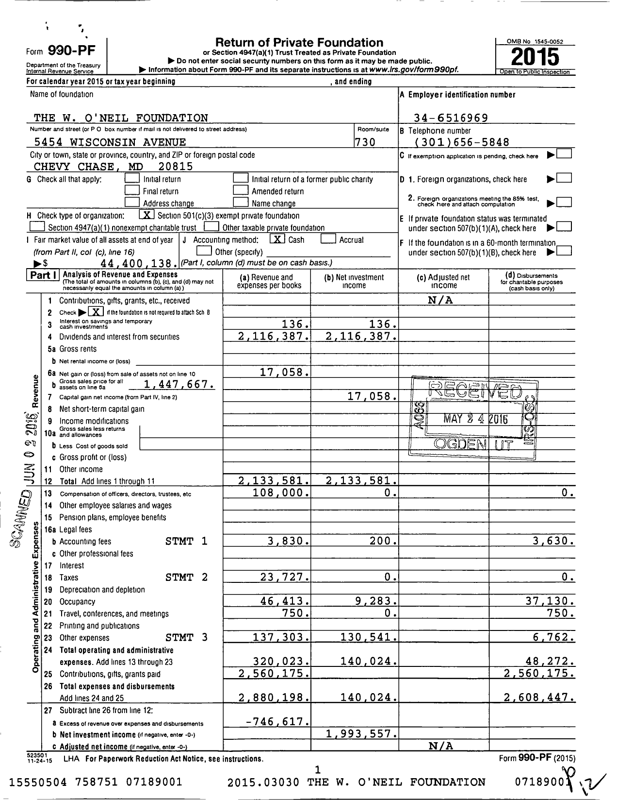 Image of first page of 2015 Form 990PF for W. O'neil Foundation