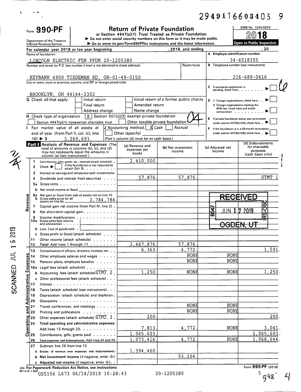 Image of first page of 2018 Form 990PF for Lincoln Electric Foundation PFDN
