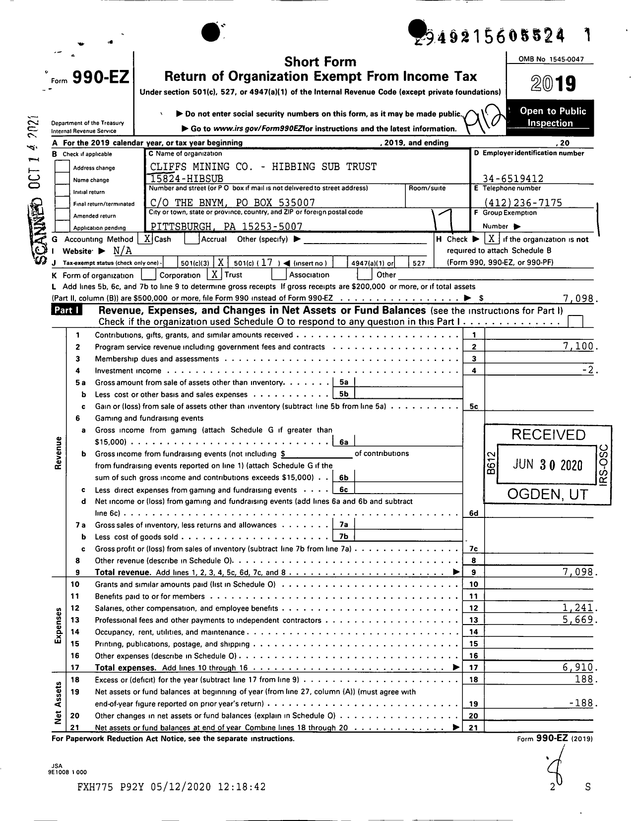 Image of first page of 2019 Form 990EO for Cliffs Mining Co - Hibbing Sub Trust 15824-HIBSUB