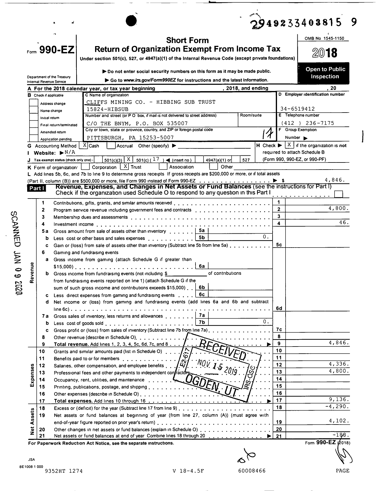 Image of first page of 2018 Form 990EO for Cliffs Mining Co - Hibbing Sub Trust 15824-HIBSUB