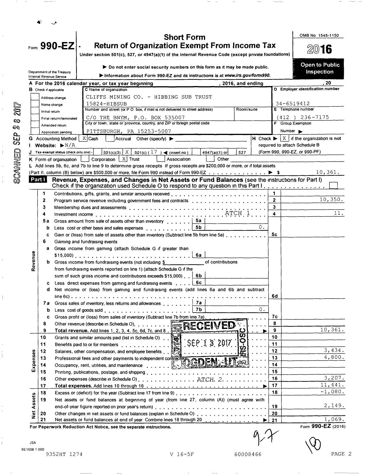 Image of first page of 2016 Form 990EO for Cliffs Mining Co - Hibbing Sub Trust 15824-HIBSUB