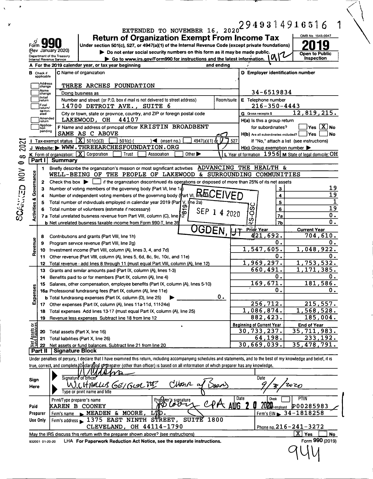 Image of first page of 2019 Form 990 for Three Arches Foundation