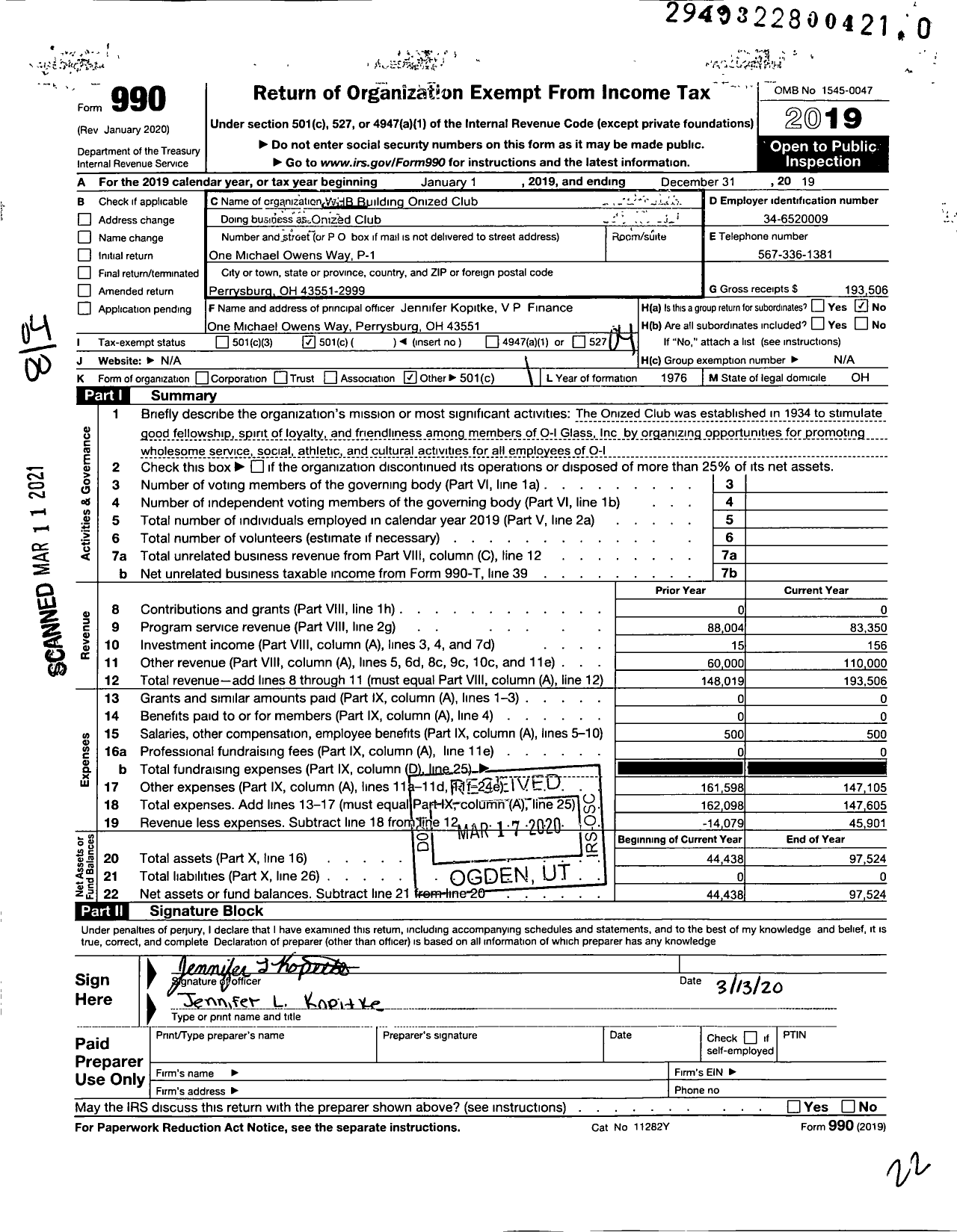 Image of first page of 2019 Form 990O for WHB Building Onized Club Onized Club