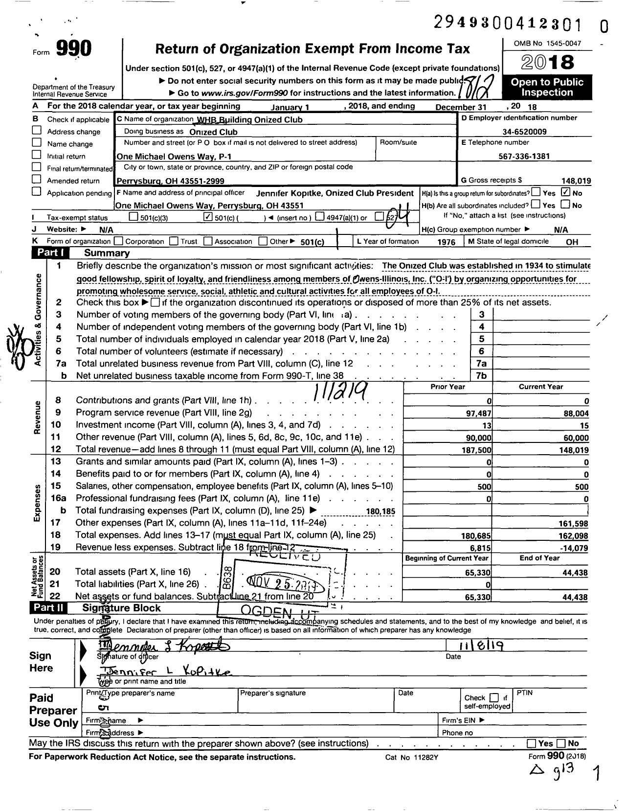 Image of first page of 2018 Form 990O for WHB Building Onized Club Onized Club