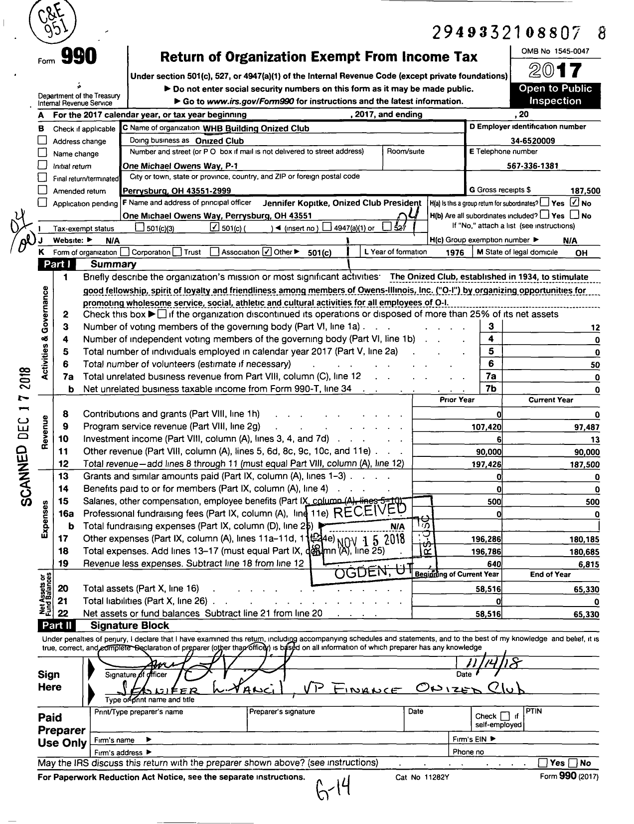 Image of first page of 2017 Form 990O for WHB Building Onized Club Onized Club