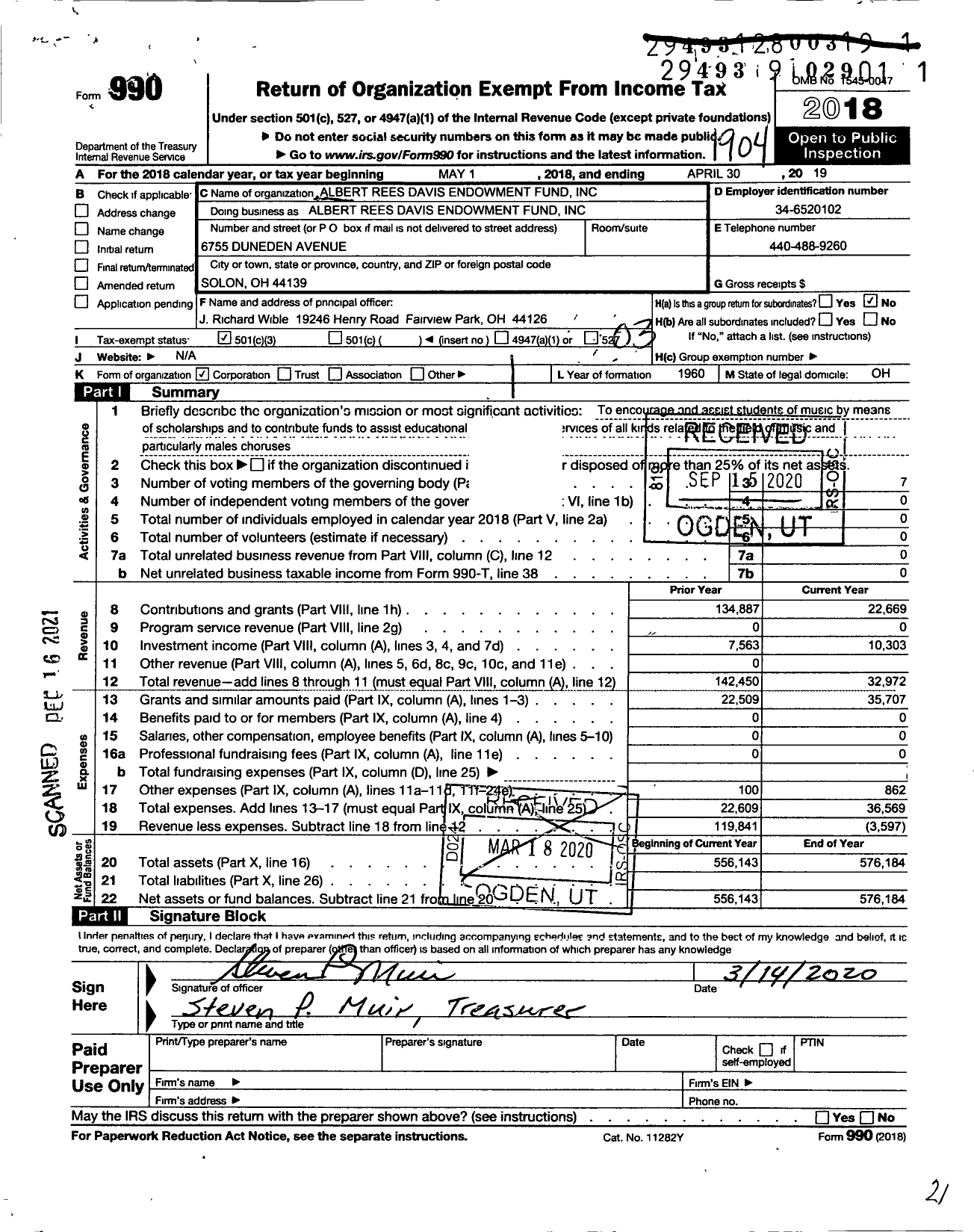 Image of first page of 2018 Form 990 for Albert Rees Davis Endowment Fund