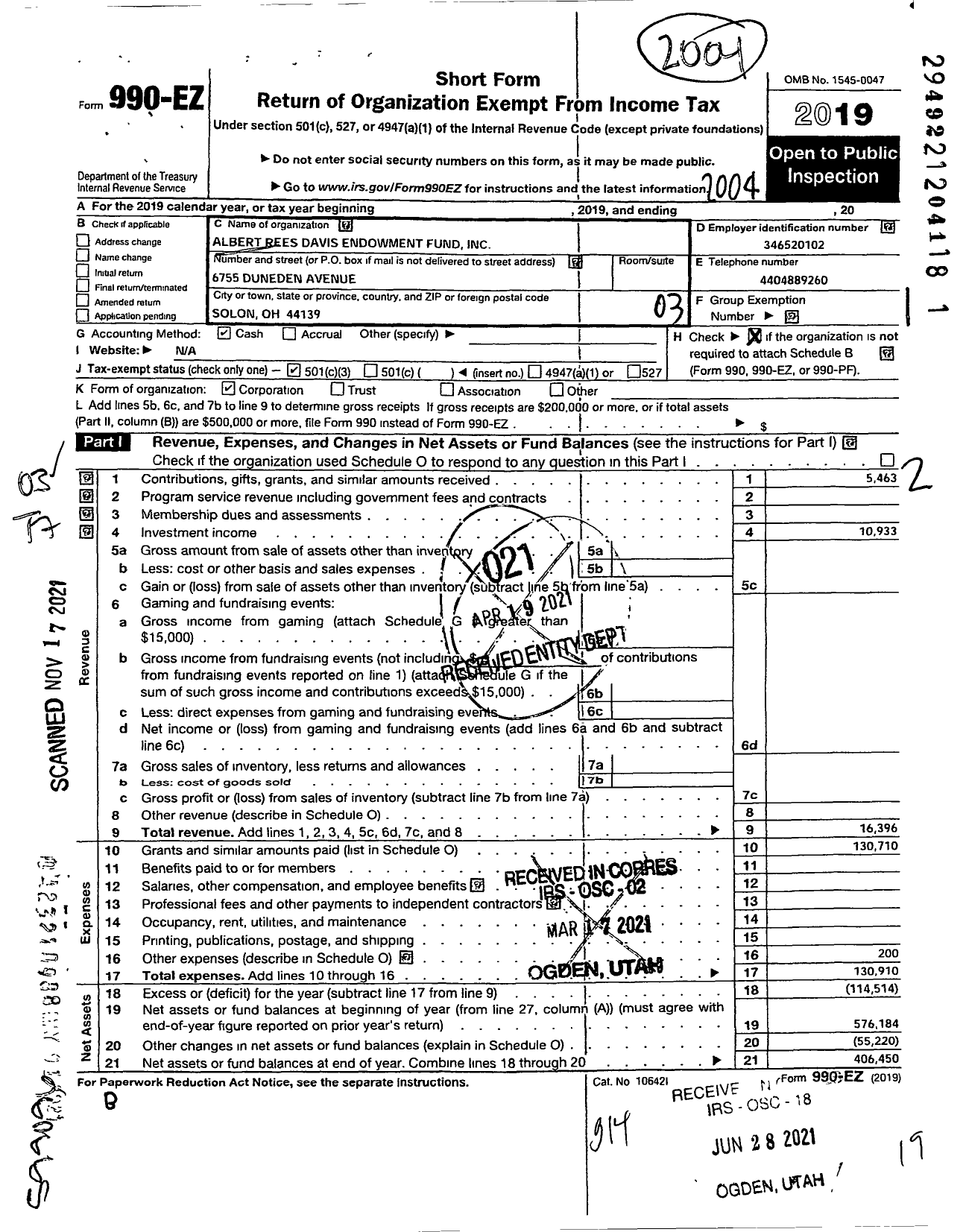 Image of first page of 2019 Form 990EZ for Albert Rees Davis Endowment Fund