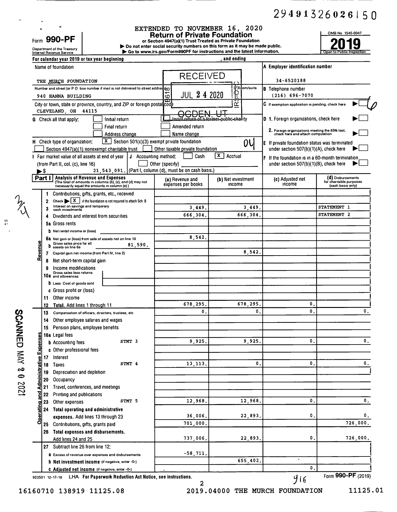 Image of first page of 2019 Form 990PF for The Murch Foundation